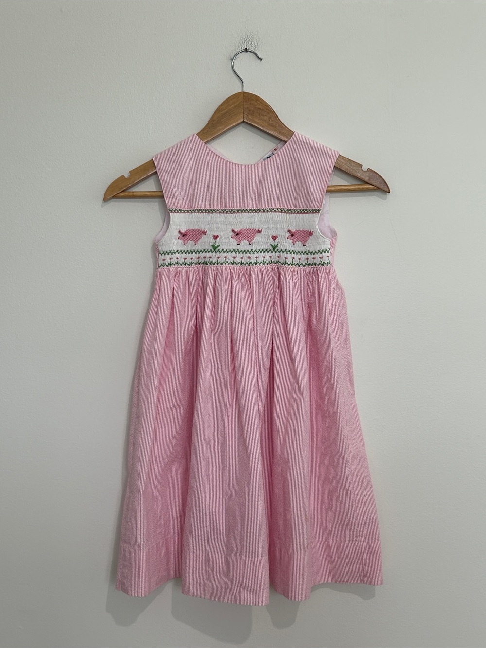 ORIENT EXPRESSED PINK SEERSUCKER PIGS SMOCKED DRESS SIZE 5 EUC